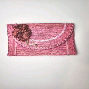 Old Navy Pink Straw Envelope Clutch Bag Sequin Flower Boho Tropical Vacation Fun